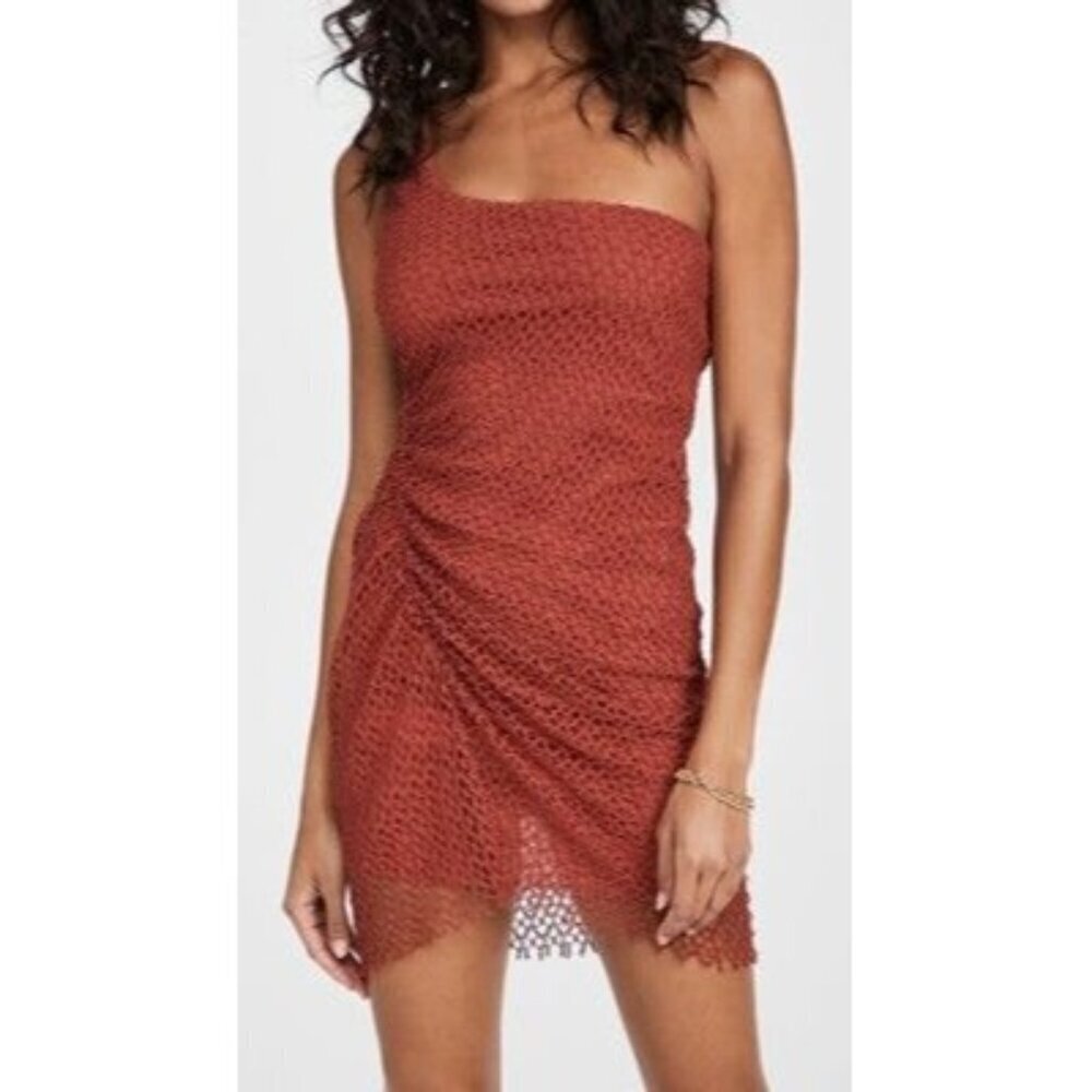 IRO Juney one shoulder ruched crochet mini rust colored dress size S